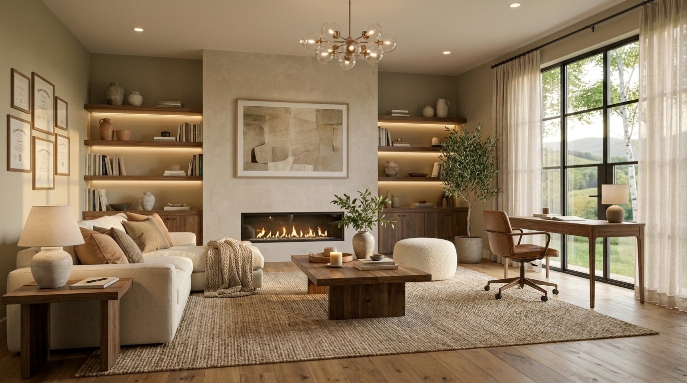A warm, softly lit therapy room with two seating areas, a lit fireplace, plants, and a tall window looking out on the green Vermont hills.
